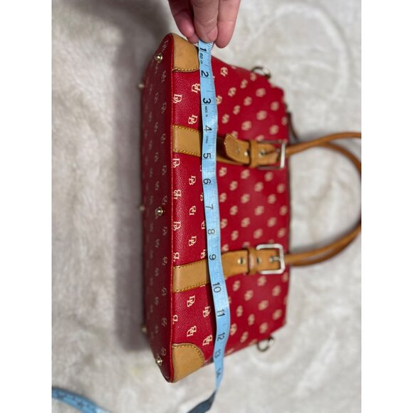 Dooney & Bourke Red Monogrammed Satchel Handbag With Tan Leather Trim & Handles - Picture 6 of 7